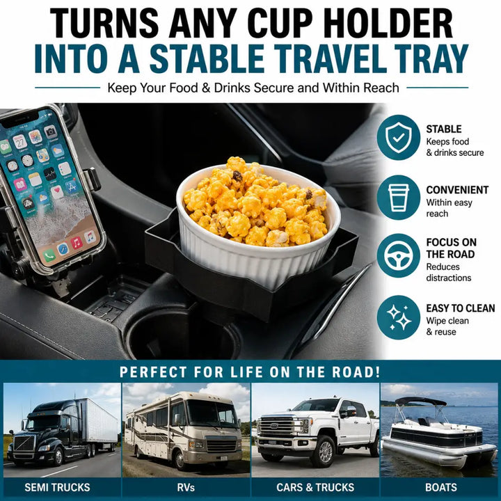 Black plastic truck cup holder food tray with white popcorn bowl for vehicle center console drink tray and rv cup holder organizer tray