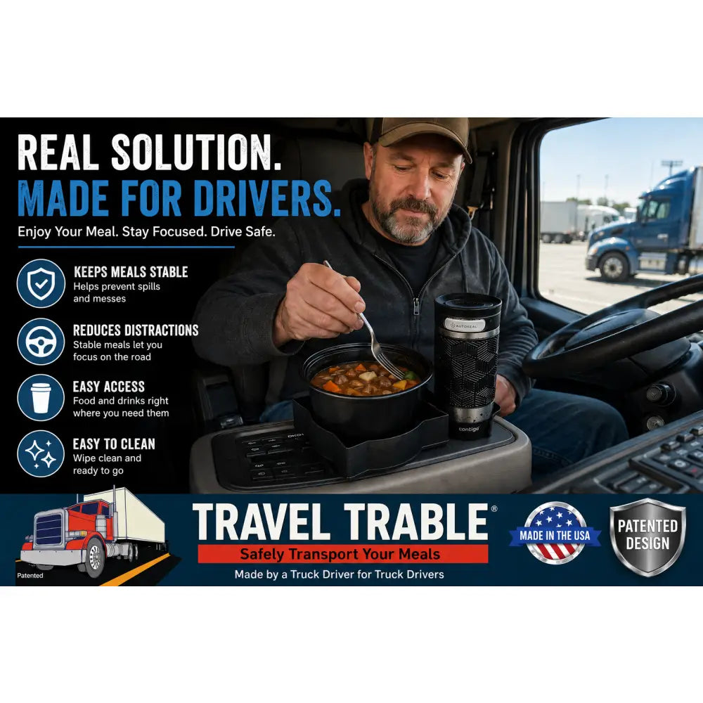 Black insulated travel mug with textured grip and silver logo for truck cup holder food tray and vehicle organizer