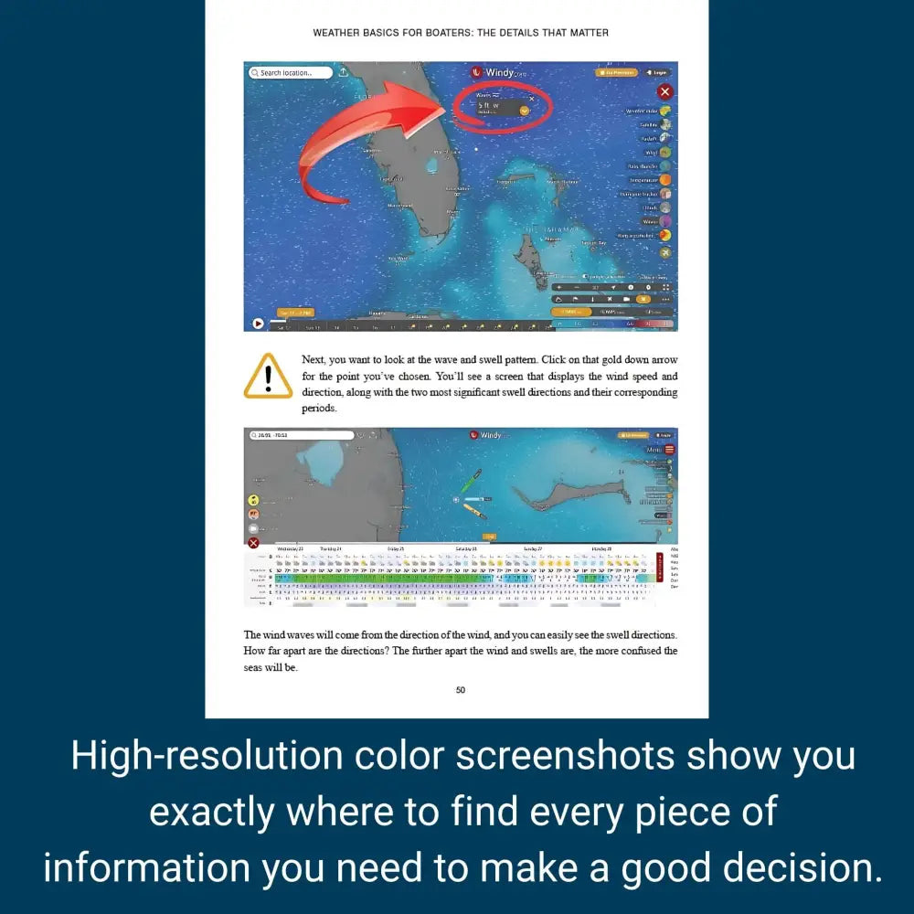 Blue digital weather basics interface displaying wind and swell forecast details for boaters on a weather map