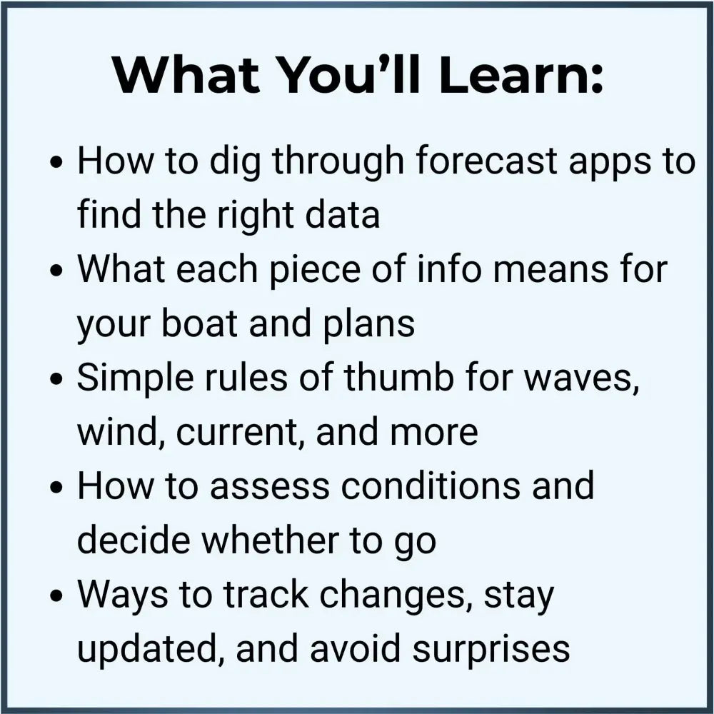 Educational infographic titled what youll learn highlighting forecast details for mastering weather basics for boaters