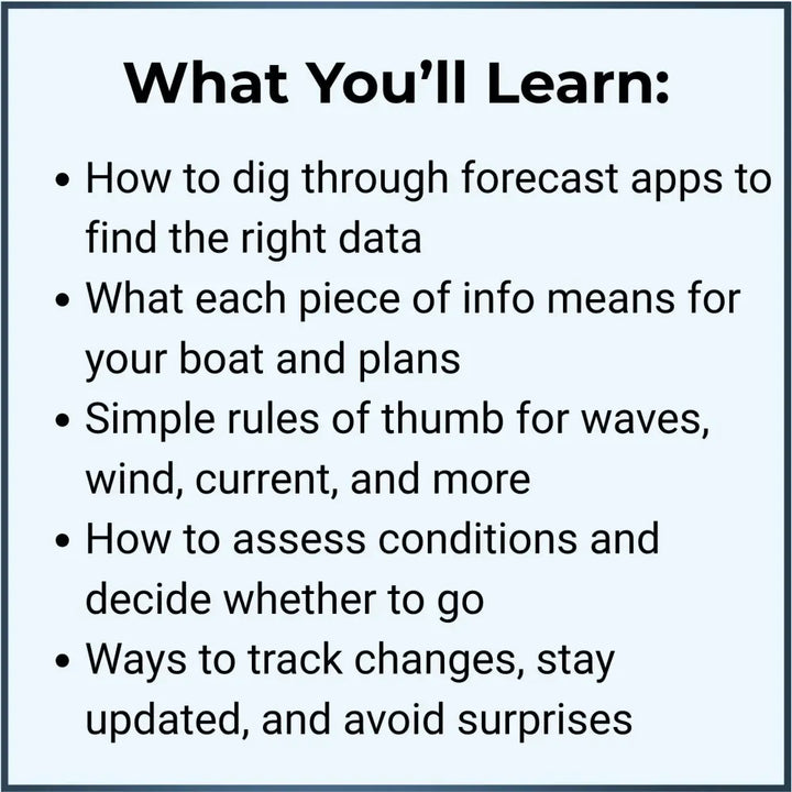 Educational infographic titled what youll learn highlighting forecast details for mastering weather basics for boaters