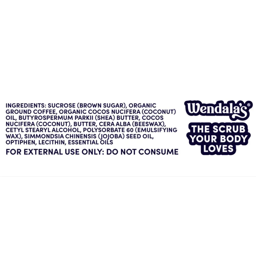 Wendalas body scrub with coffee scrubs and brown sugar vanilla in dark blue and white label with organic coconut formula