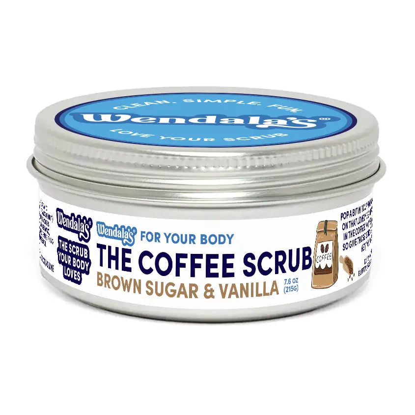 Wendalas body scrub in silver metal jar features coffee scrubs with brown sugar vanilla and organic coconut scent