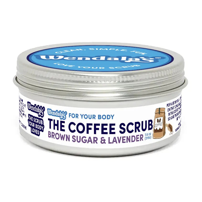 Wendala’s coffee lavender body scrub in a silver tin with blue white label featuring organic ground coffee and brown sugar