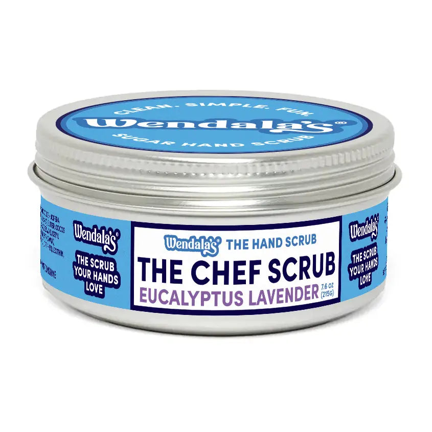 Wendalas chef scrub eucalyptus lavender in a silver tin with blue and white label featuring organic coconut oil