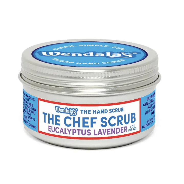 Wendalas chef scrub eucalyptus lavender in a silver tin with blue and red label featuring organic coconut oil