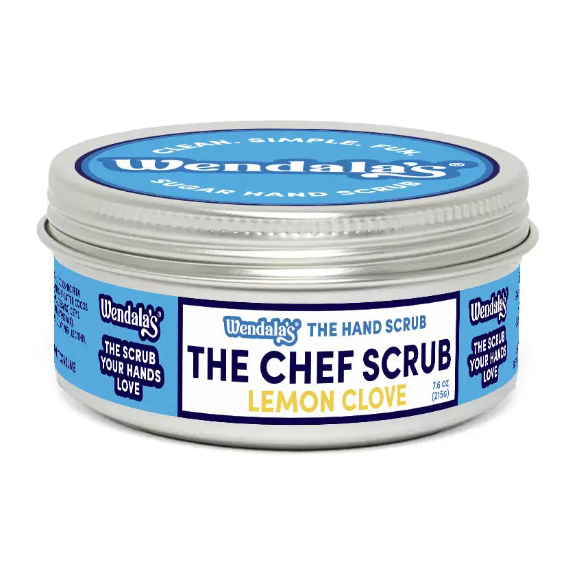 Wendalas lemon clove hand scrub in a silver tin with blue and white labeling for chef scrub lemon use