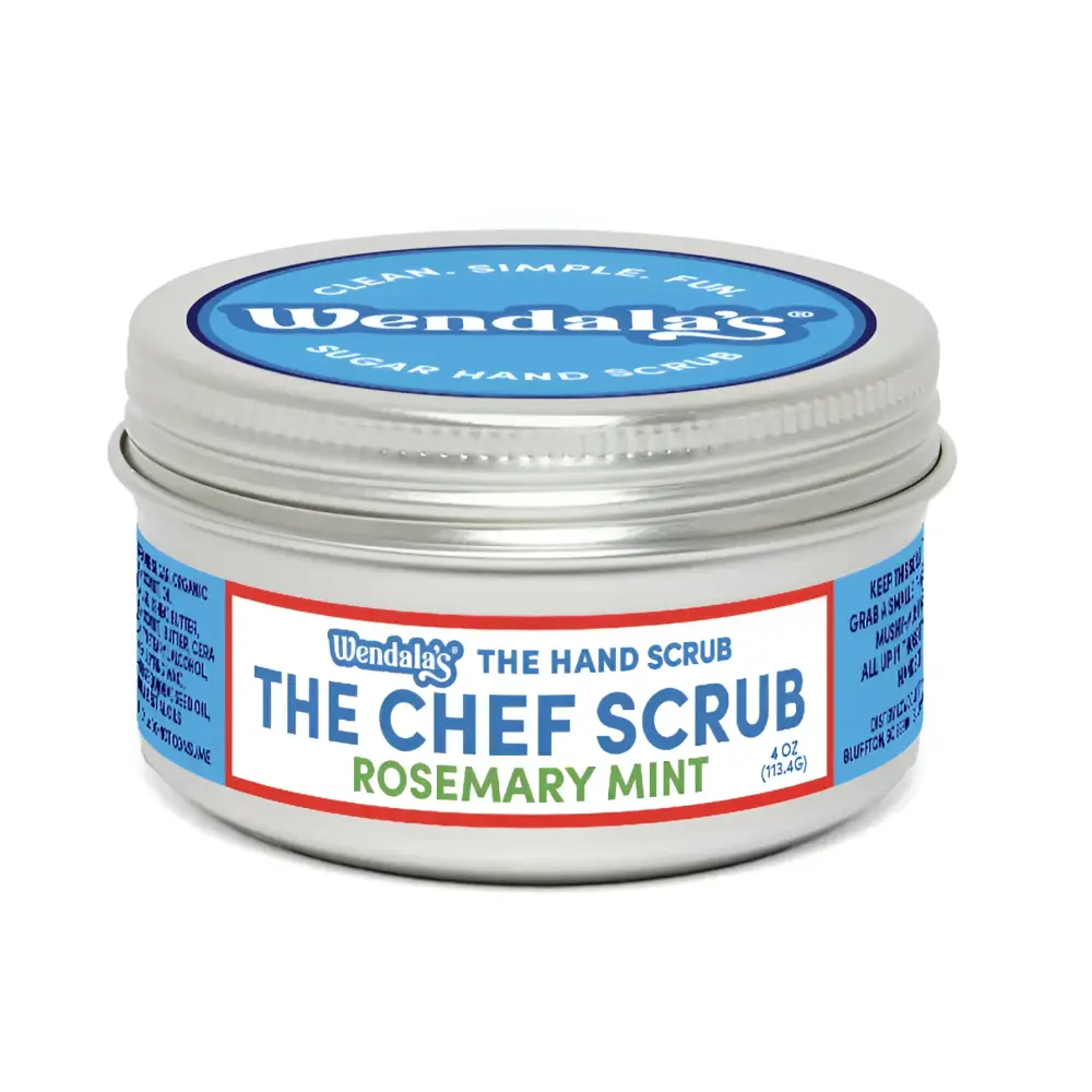 Wendalas chef scrub rosemary mint hand scrub in silver tin with blue and red labeling for beautiful hands and small bit use