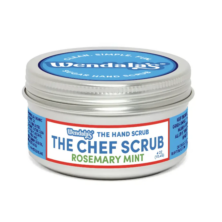Wendalas chef scrub rosemary mint hand scrub in silver tin with blue and red labeling for beautiful hands and small bit use