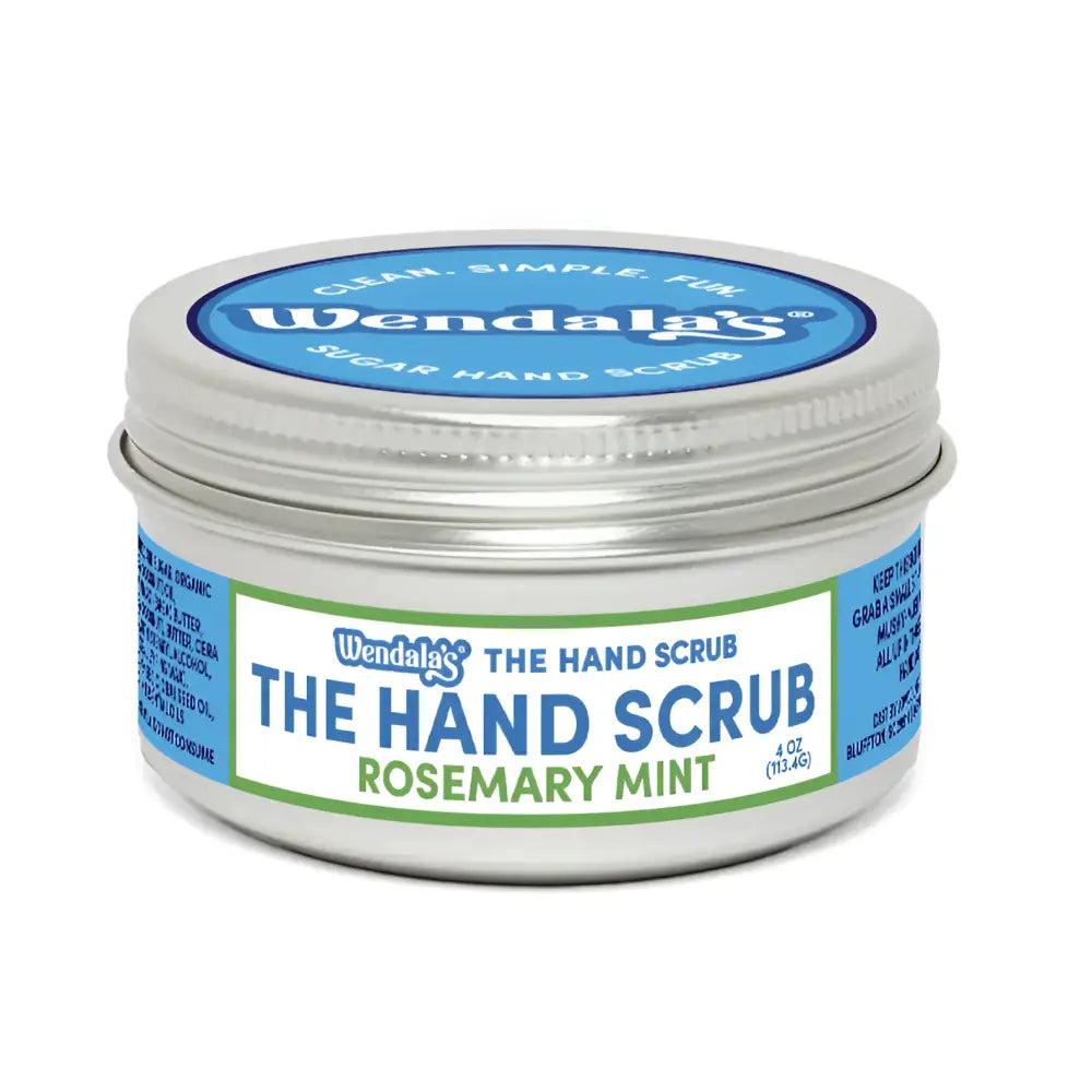 Wendalas rosemary mint sugar hand scrub exfoliates in a silver tin with blue and green labeling for chefs