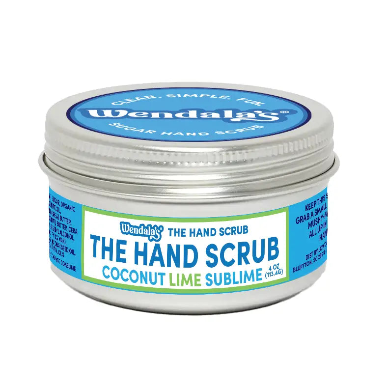 Wendala’s coastal hand scrub coconut lime sublime in a silver tin with blue and green labeling for exfoliating skin