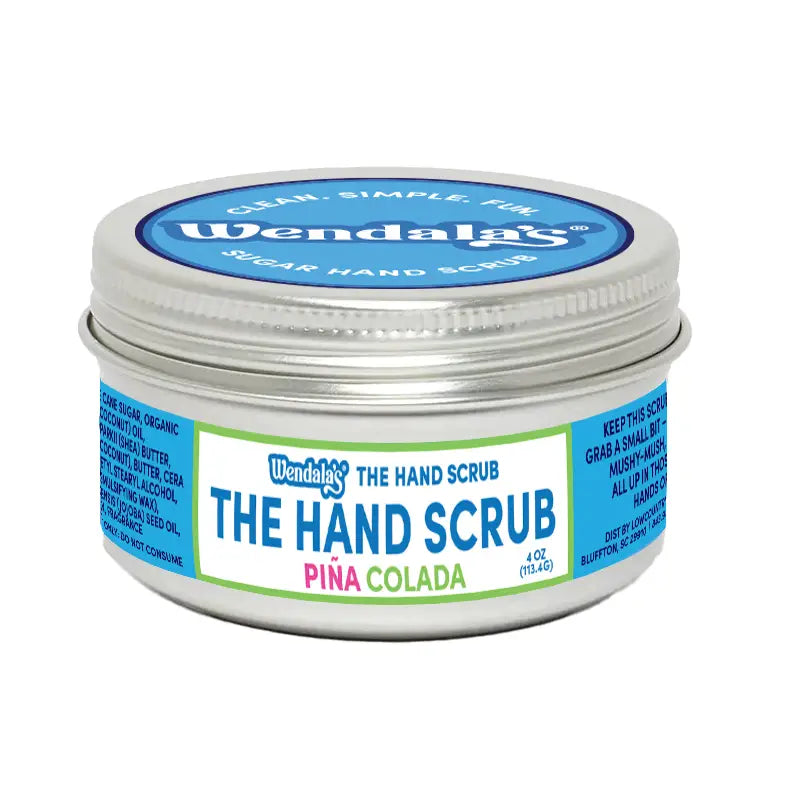 Wendala’s®️ coastal hand scrub coconut lime in a silver tin with blue and green label from coastal hand scrub bundle