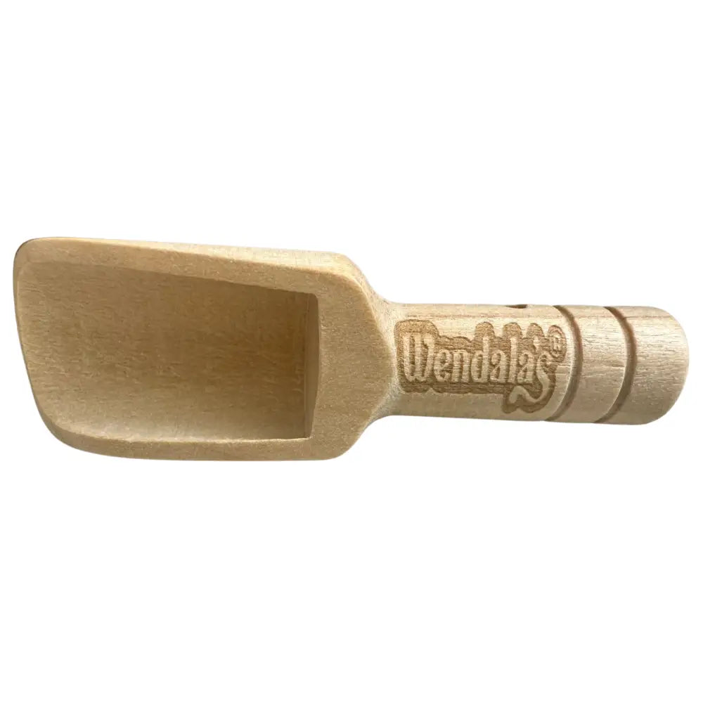 Light-colored wooden scoop with wendala’s®️ engraving for coastal hand scrub coconut lime bundle