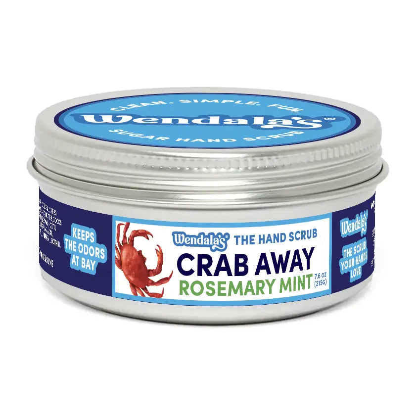 Wendala’s crab away rosemary mint sugar mint sugar hand scrub in a silver tin with blue and white labeling