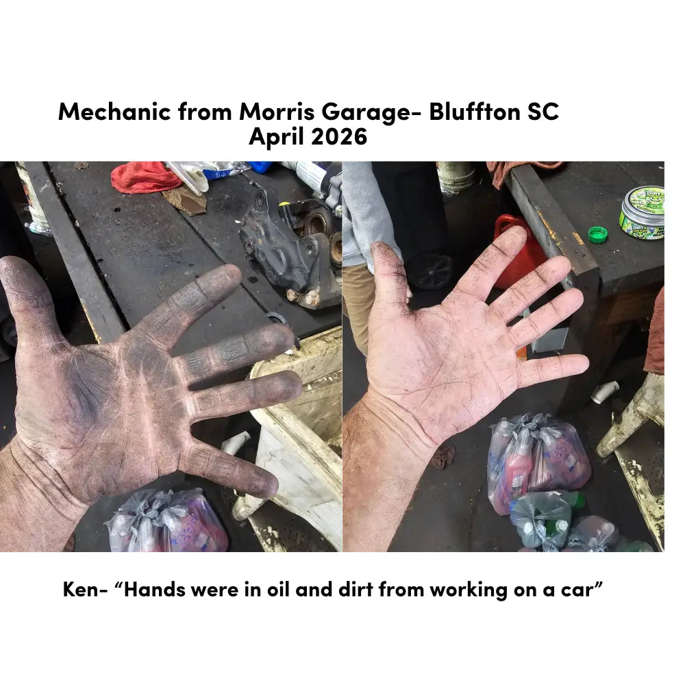 Dirty, grease-stained hands showing oil and dirt residue from car work using Wendala’s™ dirtx hand scrub
