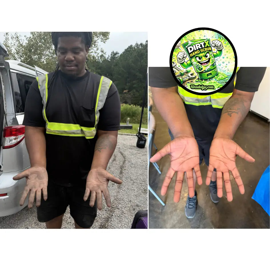 Green cartoon character logo on circular label for wendala’s™ dirtx hand scrub by wandajag.com designed for effective hand cleaning