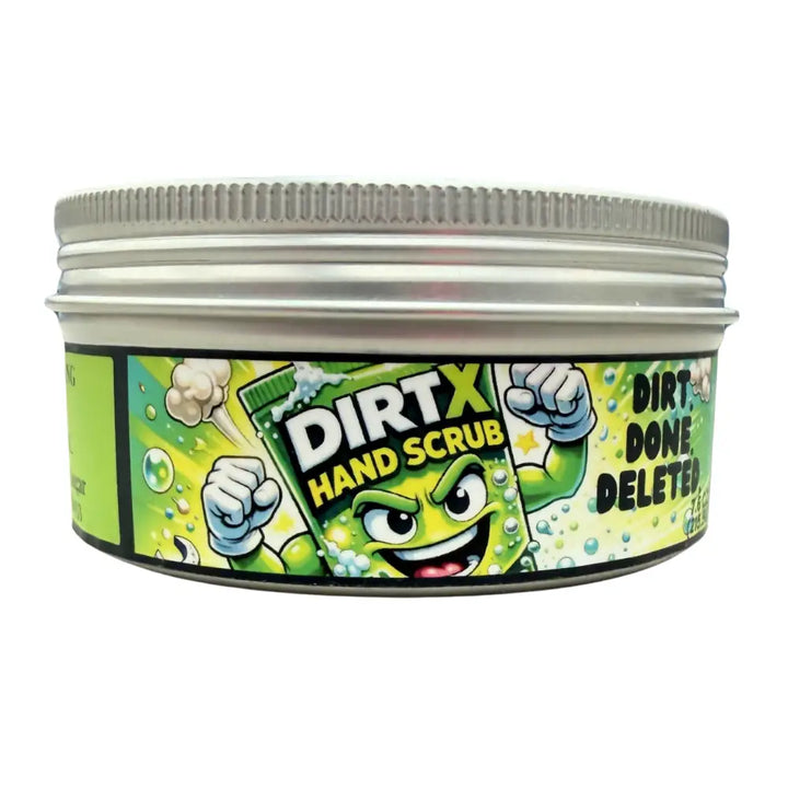 Wendalas™ dirtx hand scrub in a silver metal container featuring a green cartoon character-themed design for deep cleaning