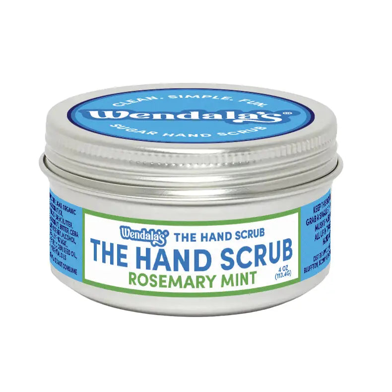 Wendalas hand scrub rosemary mint in a silver tin with blue and green labeling from organic coconut hand scrub bundle