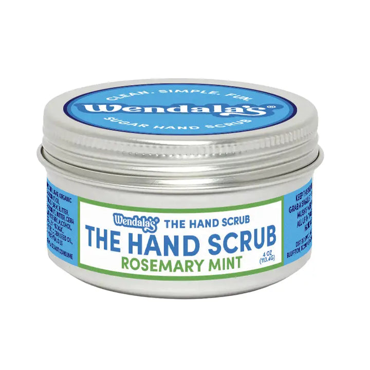 Wendalas hand scrub rosemary mint in a silver tin with blue and green labeling from organic coconut hand scrub bundle