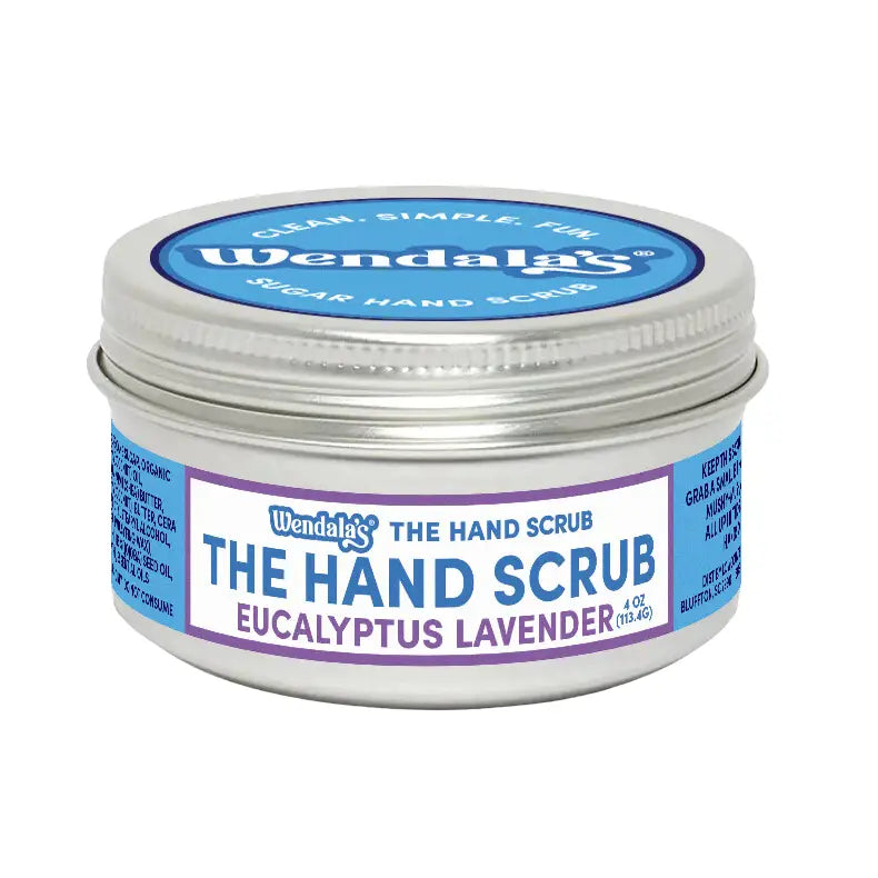 Wendala’s hand scrub eucalyptus lavender in a 4 oz white jar with silver lid from the organic coconut hand scrub bundle