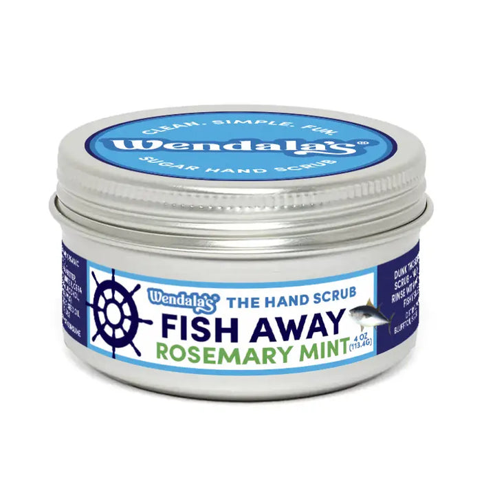 Wendalas fish away rosemary mint sugar hand scrub in a silver tin with blue and white labeling for fishy smells removal