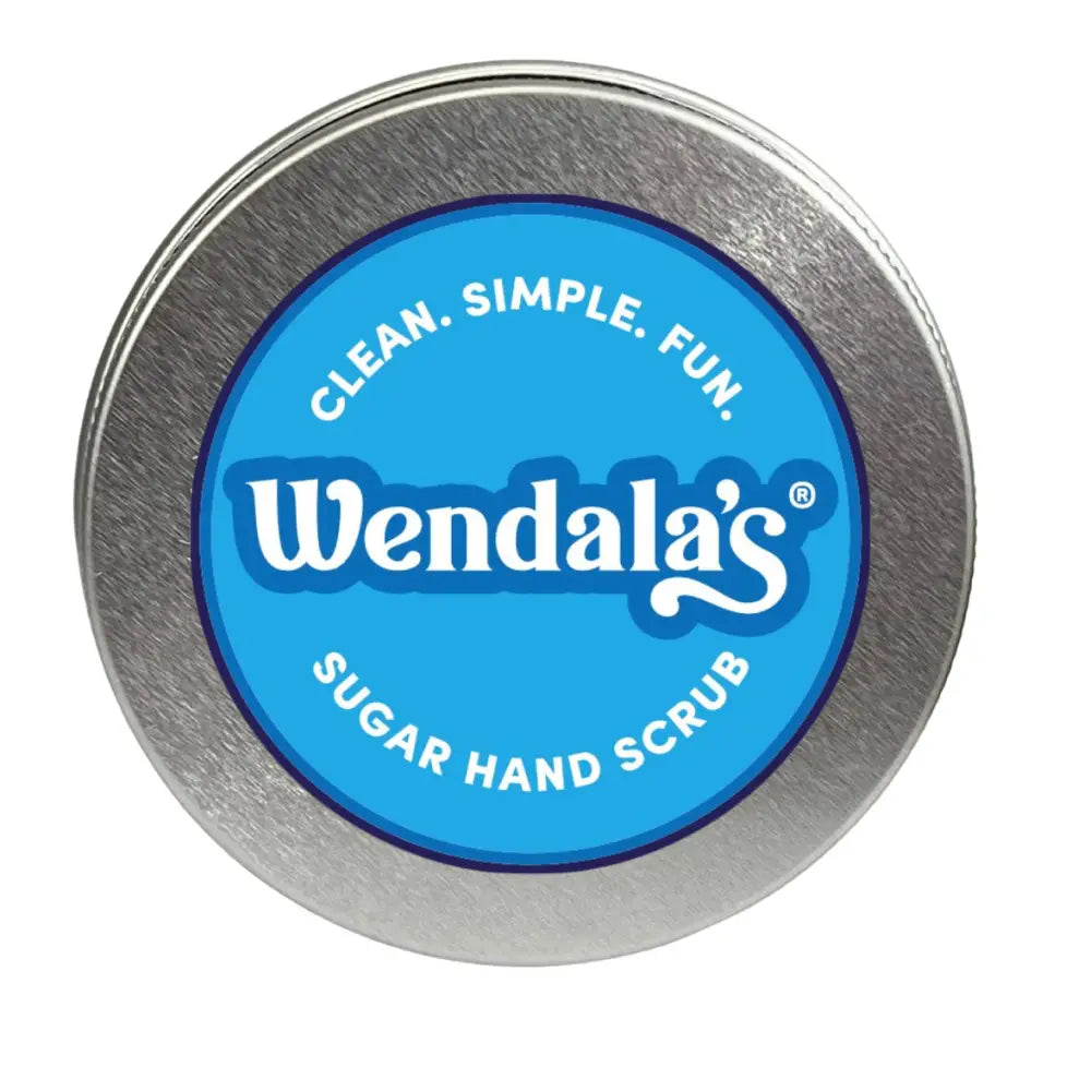 Wendalas rosemary mint hand scrub in a round metallic tin with a blue label designed to remove fishy smells