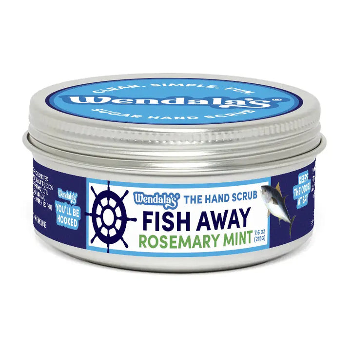 Wendalas fish away rosemary mint hand scrub in a silver tin with blue and white label fights fishy smells