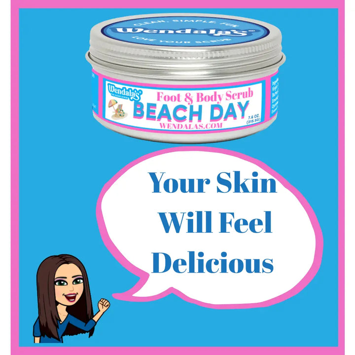 Wendalas foot and body scrub beach day in a silver tin with pink and blue label featuring unrefined shea butter and organic coconut butter