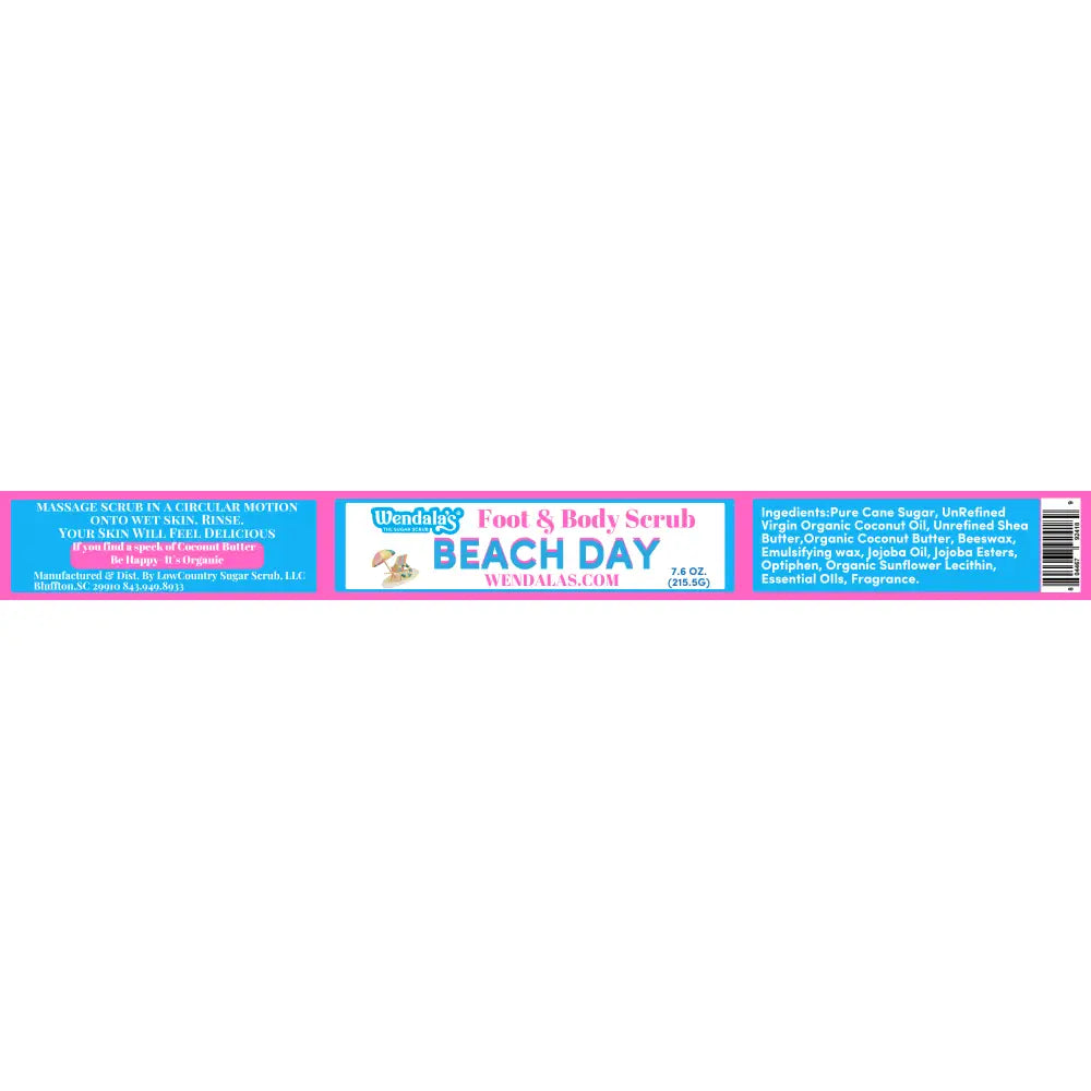 Wendala’s beach day foot and body scrub in pink and white packaging with organic coconut butter and unrefined shea butter