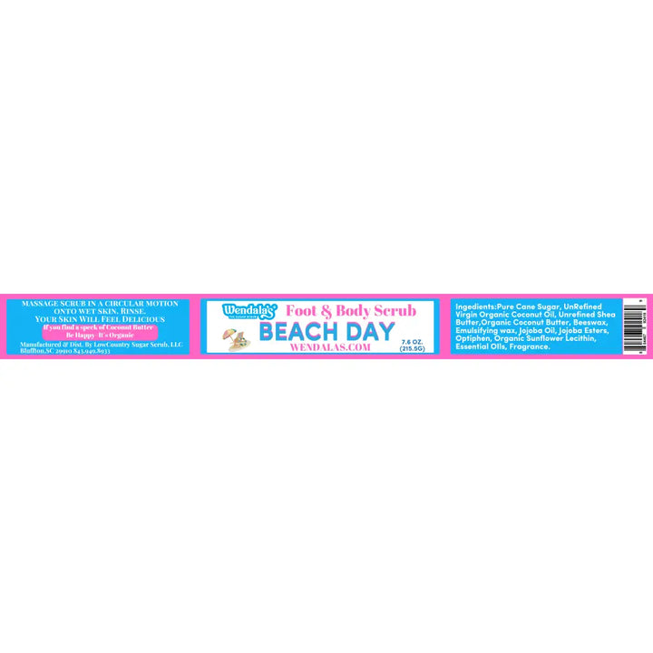 Wendala’s beach day foot and body scrub in pink and white packaging with organic coconut butter and unrefined shea butter