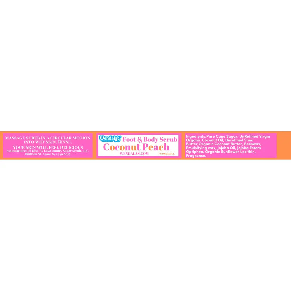 Pink rectangular label for wendala’s foot and body scrub coconut peach with organic coconut butter and unrefined shea butter