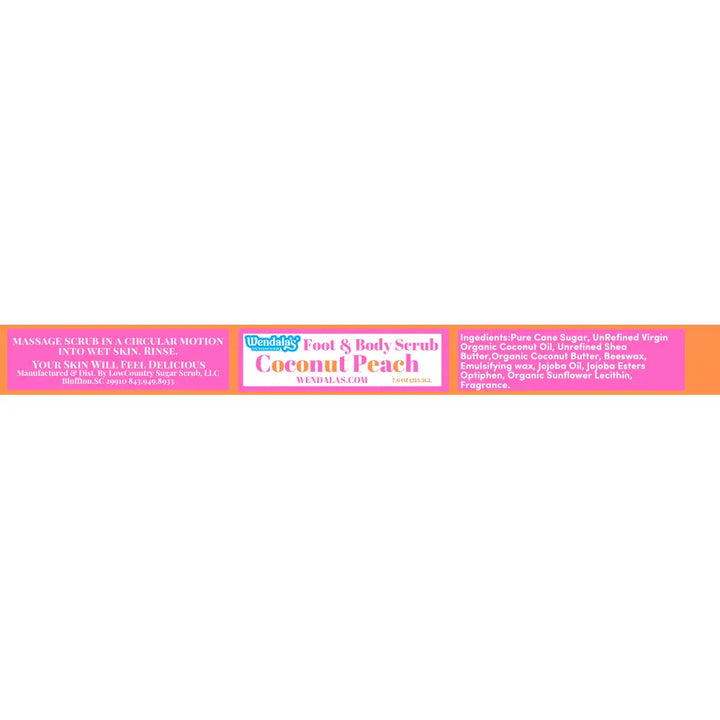 Pink rectangular label for wendala’s foot and body scrub coconut peach with organic coconut butter and unrefined shea butter