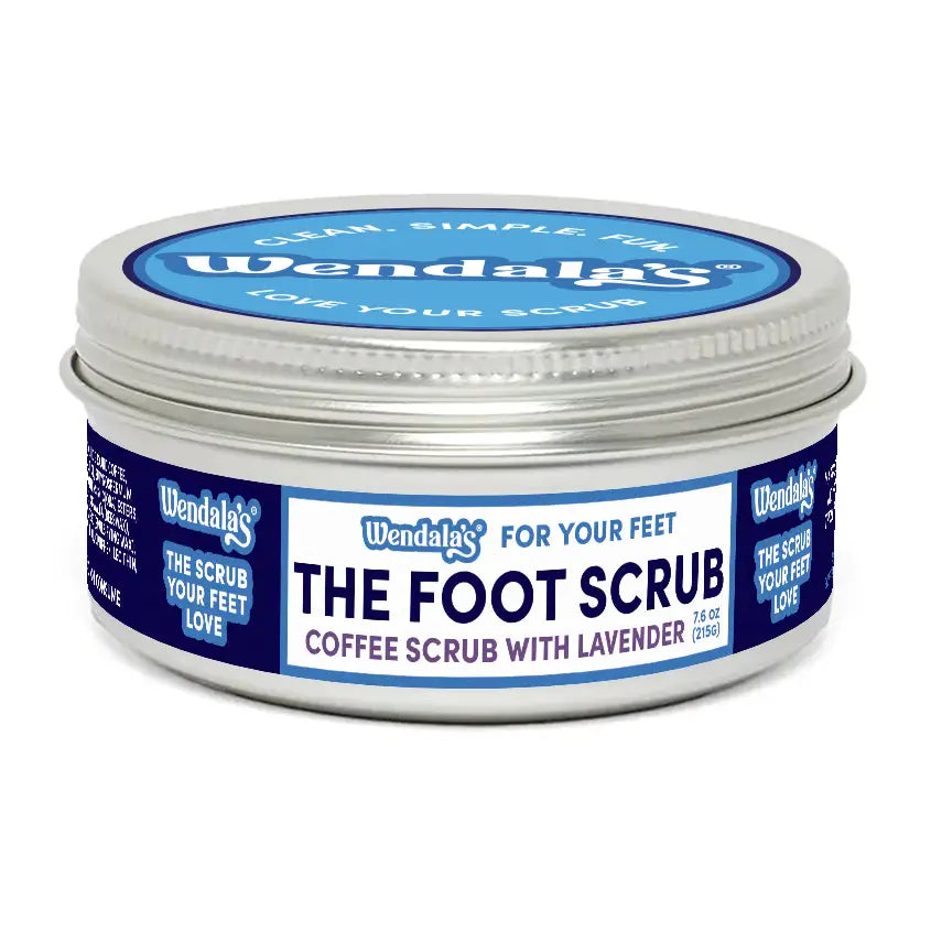 Wendalas foot scrub coffee brown sugar lavender in silver tin featuring organic ground coffee and brown sugar lavender blend
