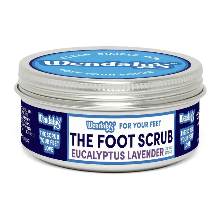 Wendala’s eucalyptus lavender foot scrub in a silver tin with jojoba beads and eucalyptus essential oils