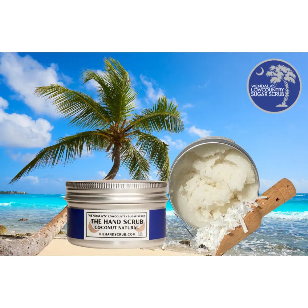A silver jar with a blue label of wendala’s hand scrub coconut natural made with organic coconut oil pure cane sugar and shea butter