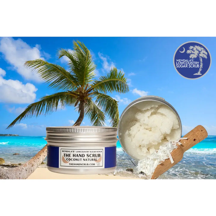 A silver jar with a blue label of wendala’s hand scrub coconut natural made with organic coconut oil pure cane sugar and shea butter
