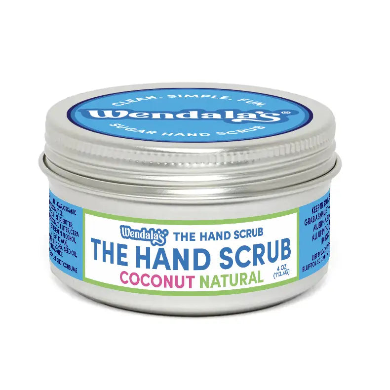 Wendalas coconut natural hand scrub in a silver tin with blue and green labeling featuring organic coconut oil and shea butter