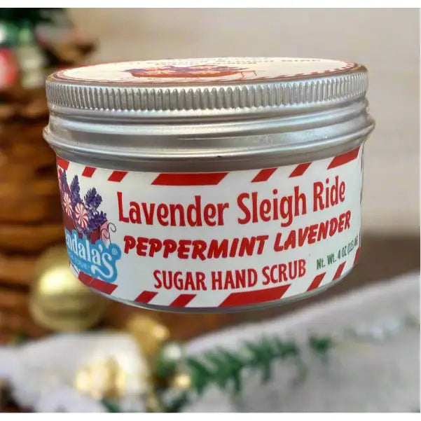 A festive silver tin of wendala’s lavender sleigh ride sugar scrub with peppermint lavender and shea butter