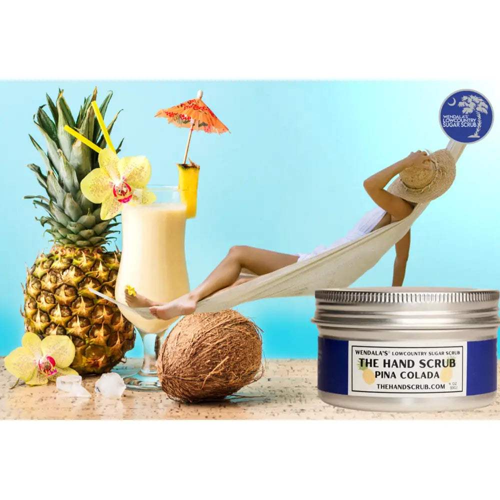 Silver jar of Wendala’s all-natural pina colada hand scrub featuring colada sugar scrub for exfoliation