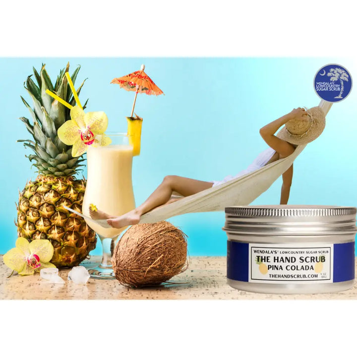 Silver jar of Wendala’s all-natural pina colada hand scrub featuring colada sugar scrub for exfoliation
