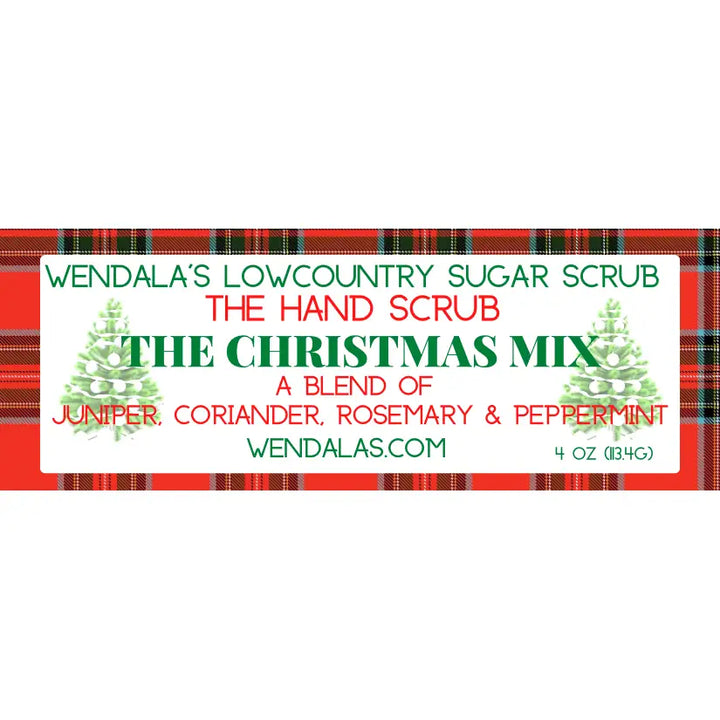 The christmas mix sugar hand scrub by Wendala features a festive label with green pine trees and red text