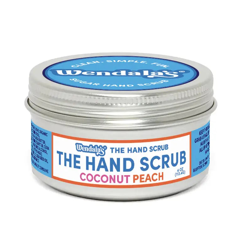 A silver tin of wendala’s®️ peach me a coconut hand scrub with shea butter for moisturizing exfoliation