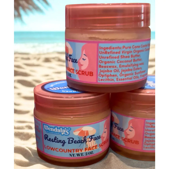 Three stacked jars of wendalas resting beach face facial scrub with peach lids featuring micro-ground caster sugar for coastal glow