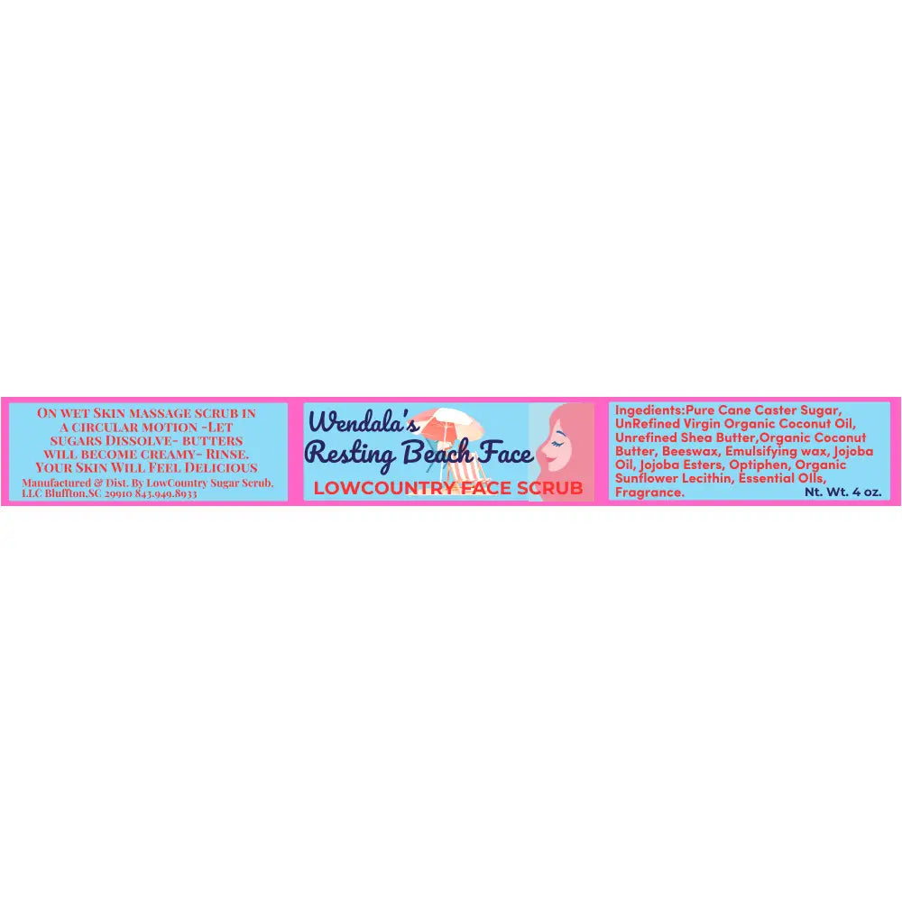 Wendalas resting beach face facial scrub in pink and blue package with woman under umbrella for coastal glow uses micro-ground caster sugar