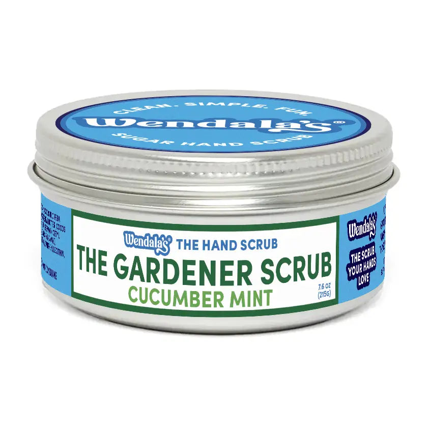 Wendalas the gardener hand scrub cucumber mint in silver tin with blue and green label for dirty girl hands care