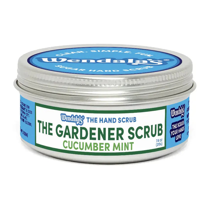 Wendalas the gardener hand scrub cucumber mint in silver tin with blue and green label for dirty girl hands care