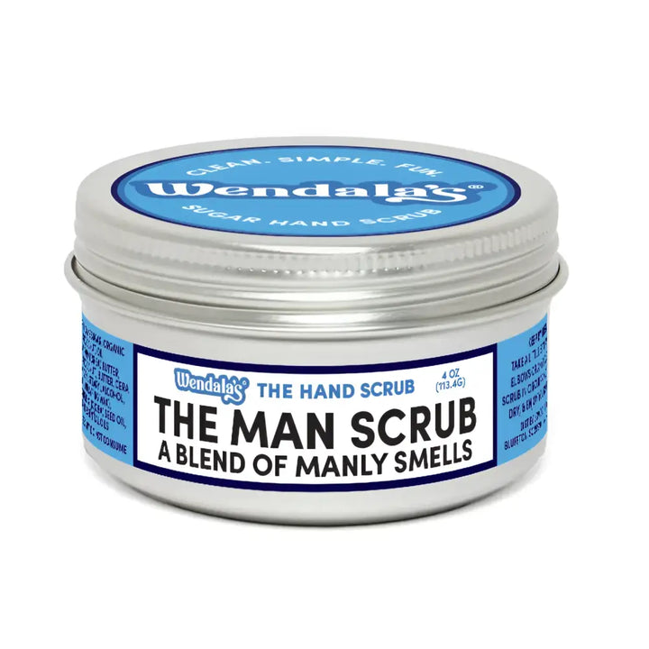 Silver tin container of wendala’s man scrub sugar hand scrub with organic coconut oil and raw sugar in blue label