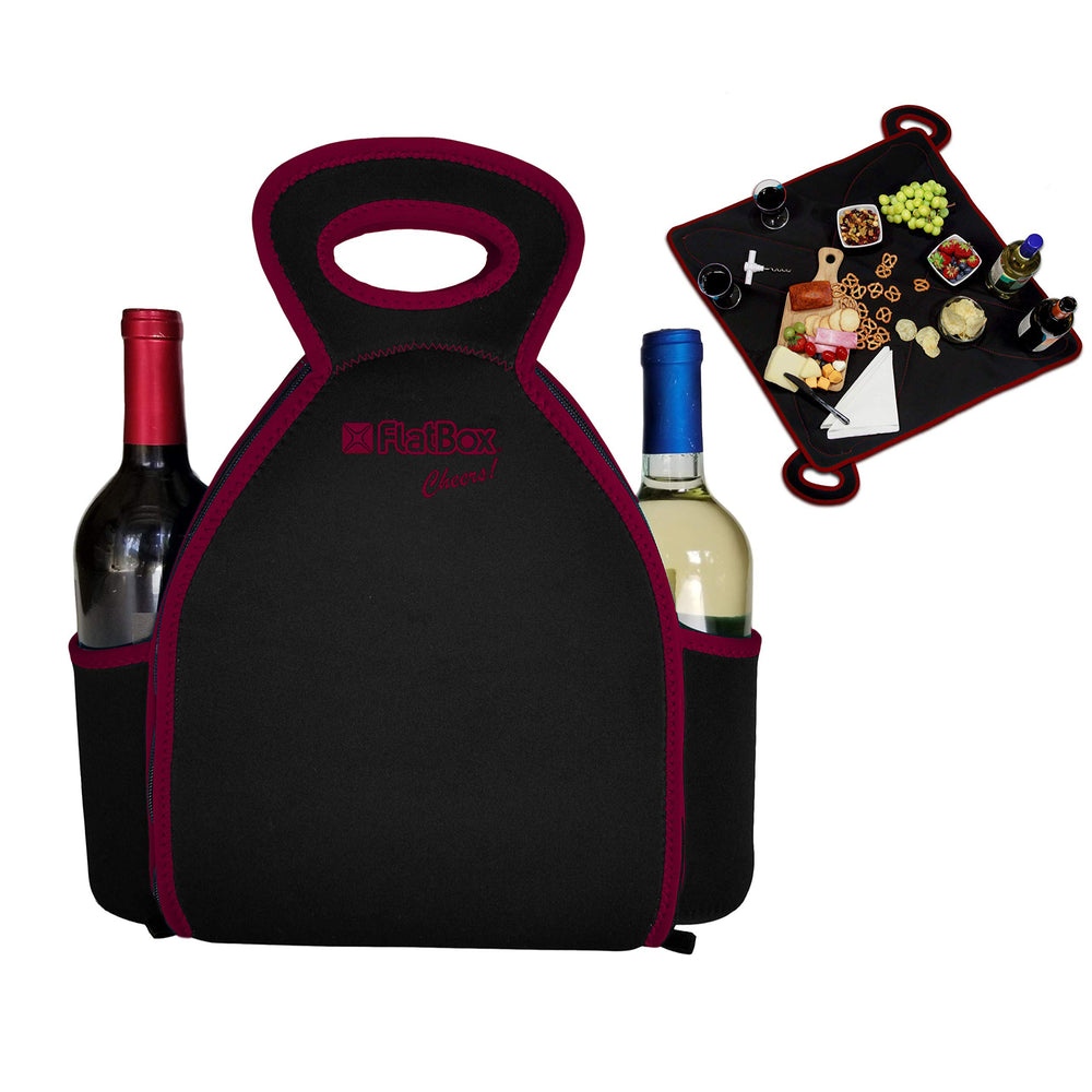 FlatBox Cheers Neoprene Triple Insulated Wine Tote Lunch Bag Lunch Tote with 2 Beverage Side Pockets, Black/Merlot