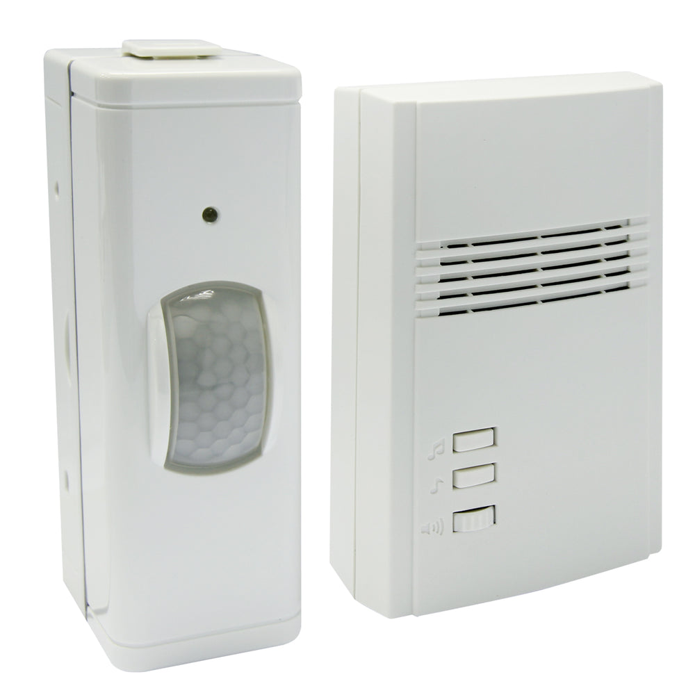 Image of IQ America Motion Sensor Driveway Entrance Alert Chime, Plug-in, PIR, Commercial or Residential, 150 ft Range 20 Foot Diameter Motion Activated Coverage, Weather Proof Outdoor IP44 Rated, White, highlighting its features and quality.
