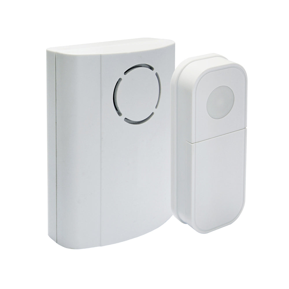 Image of IQ America Portable Wireless Battery-Powered Contemporary Door Bell Chime with Pushbutton 2 Melody Notes 100 foot Range White 2pk, highlighting its features and quality.